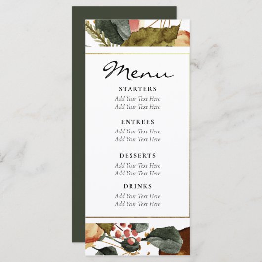 Waterverf Floral Rustic Dark Green Wedding Menu (Voorkant / Achterkant)