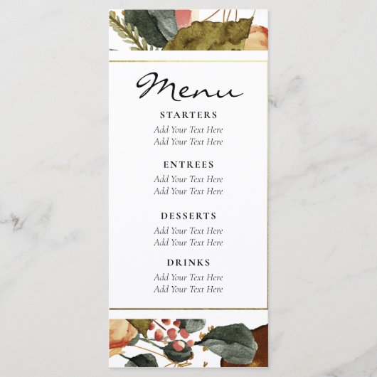 Waterverf Floral Rustic Dark Green Wedding Menu (Voorkant)