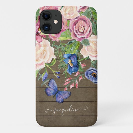Waterverf Floral Rustic Wood Butterfly Script Case-Mate iPhone Case (Achterkant)