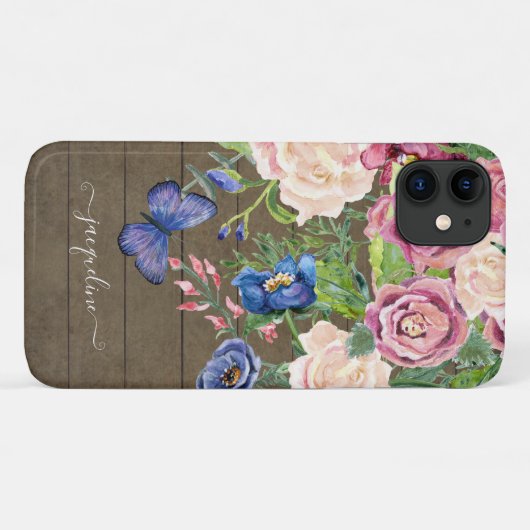 Waterverf Floral Rustic Wood Butterfly Script Case-Mate iPhone Case (Achterkant (horizontaal))