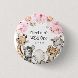 Waterverf Floral Safari Animals Peony Birthday Bu Ronde Button 3,2 Cm