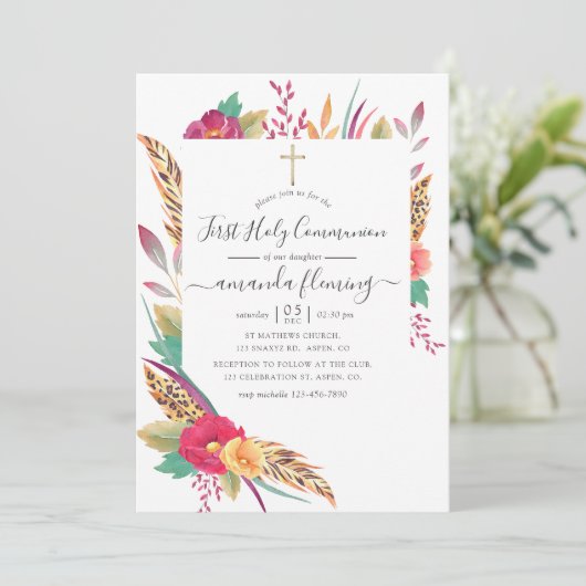 Waterverf Floral Safari Eerste Heilige Communie Kaart (Staand voorkant)