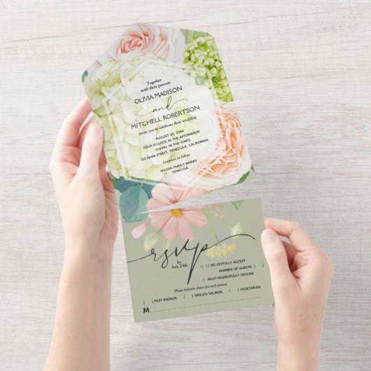 Waterverf Floral Sage Green Wedding All In One Uitnodiging (Afscheurbaar)