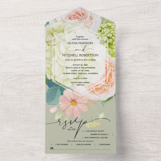 Waterverf Floral Sage Green Wedding All In One Uitnodiging (Binnen)