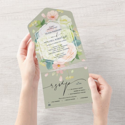 Waterverf Floral Sage Green Wedding All In One Uitnodiging (Afscheurbaar)
