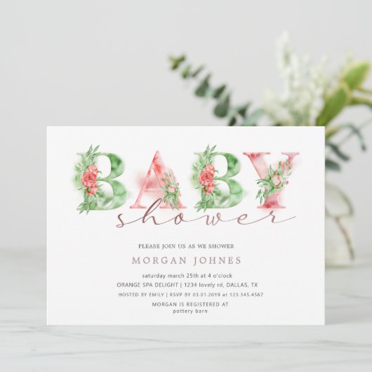 Waterverf floral script baby shower uitnodiging (Staand voorkant)
