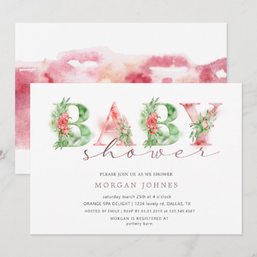 Waterverf floral script baby shower uitnodiging (Voorkant / Achterkant)
