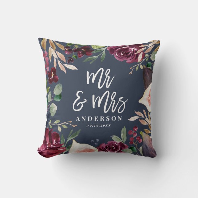 Waterverf floral + script bruiloft Mr & Mrs Kussen (Voorkant)