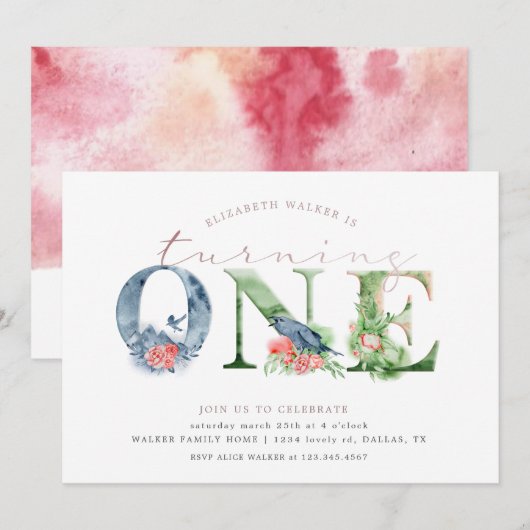Waterverf floral script eerste verjaardaguitnodigi (Voorkant / Achterkant)
