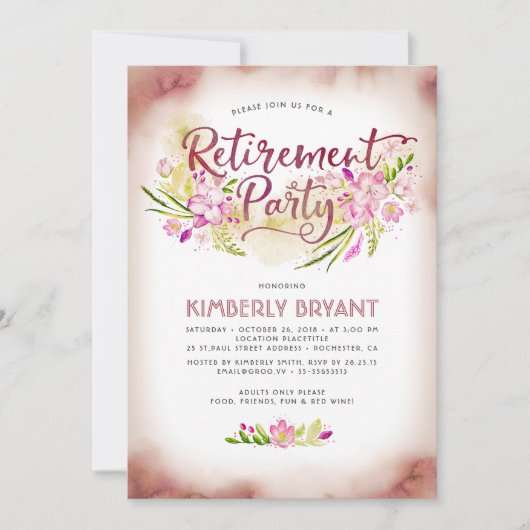 Waterverf Floral Script Elegant Retirement Party Kaart (Voorkant)