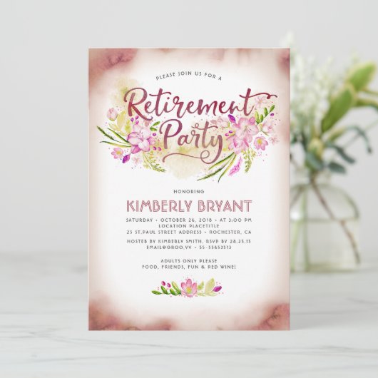 Waterverf Floral Script Elegant Retirement Party Kaart (Staand voorkant)