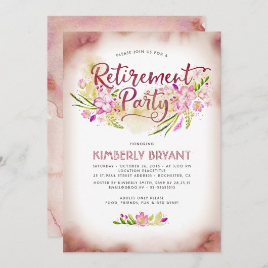 Waterverf Floral Script Elegant Retirement Party Kaart (Voorkant / Achterkant)