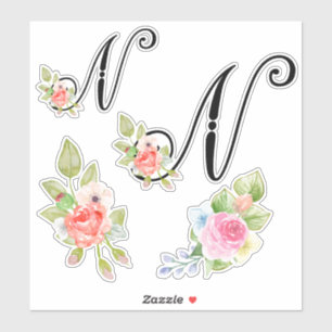 Waterverf Floral Script Monogram Letter N Sticker
