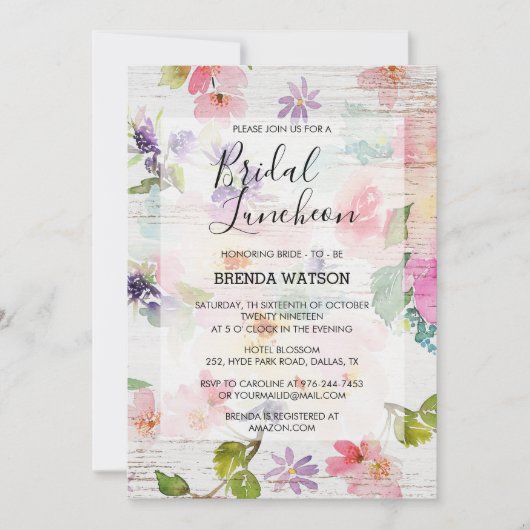 Waterverf Floral Script Vrijgezellenfeest Luncheon Kaart (Voorkant)