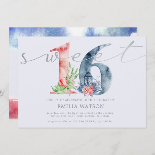 Waterverf floral script zilverzoete zestien kaart (Voorkant / Achterkant)