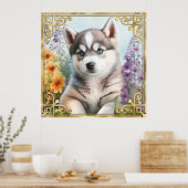 Waterverf Floral Siberian Husky met Gold Lijst Poster (Keuken)