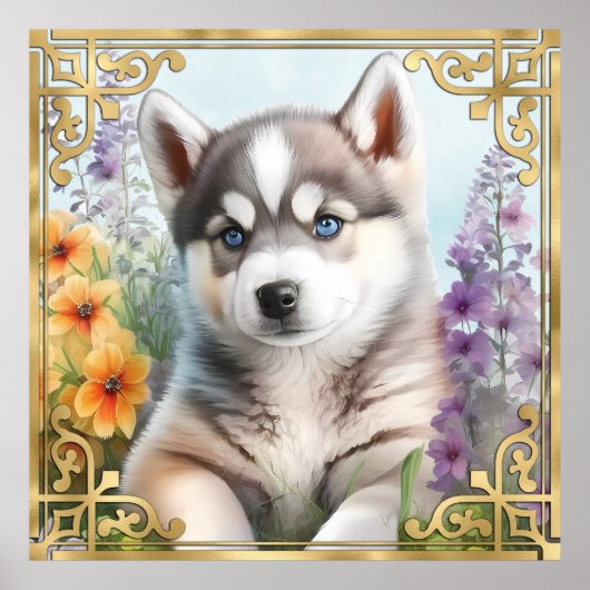 Waterverf Floral Siberian Husky met Gold Lijst Poster (Voorkant)