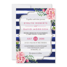 Waterverf Floral Silver Navy Blue Stripes