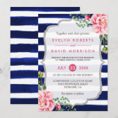 Waterverf Floral Silver Navy Blue Stripes Kaart (Voorkant / Achterkant)