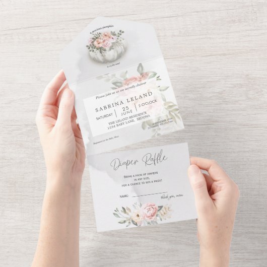 Waterverf Floral Silver White Pumpkin Baby shower All In One Uitnodiging (Afscheurbaar)