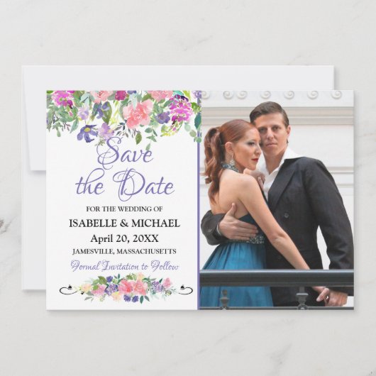 Waterverf Floral sla de Datum fotokaart op Save The Date (Voorkant)