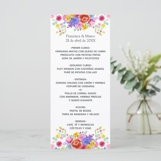 Waterverf Floral Spain Fiesta Wedding Menu (Staand voorkant)