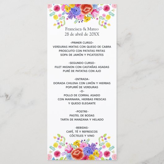 Waterverf Floral Spain Fiesta Wedding Menu (Voorkant)