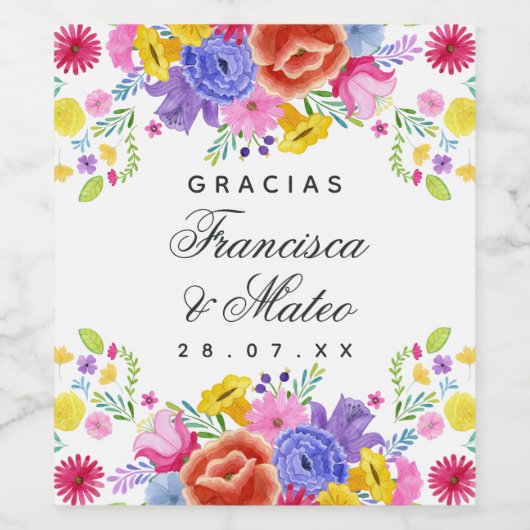 Waterverf Floral Spain Fiesta Wedding Wijn Etiket (Enkel label)