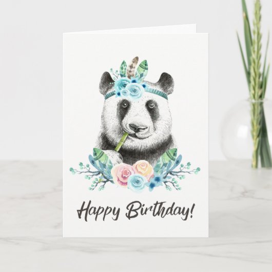 Waterverf Floral Spray Boho Panda Happy Birthday Kaart (Voorkant)