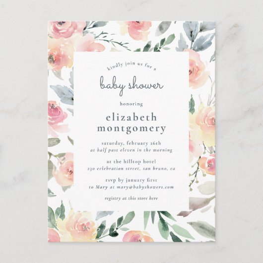 Waterverf Floral Spring Baby Girl Baby shower Uitnodiging Briefkaart (Voorkant)