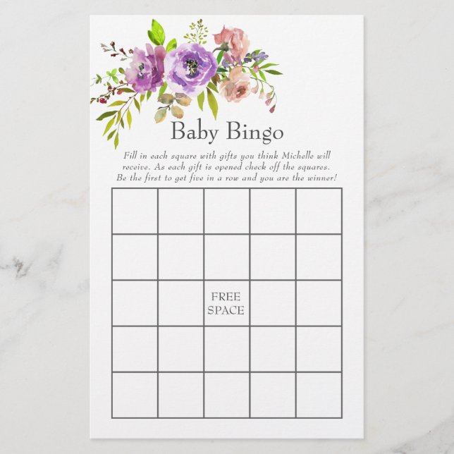Waterverf Floral Spring Baby shower Bingo (Voorkant)