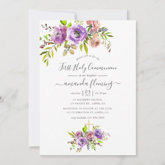 Waterverf Floral Spring First Heilige Communie Kaart (Voorkant)