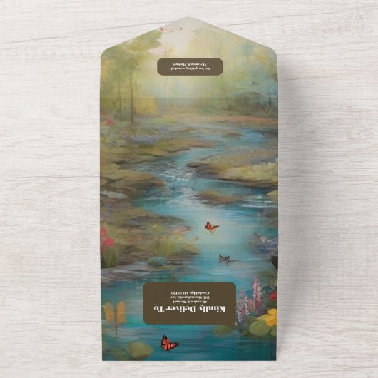 Waterverf Floral Spring Mountains Wedding All In One Uitnodiging (Buitenkant)