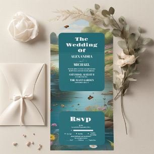 Waterverf Floral Spring Mountains Wedding All In One Uitnodiging