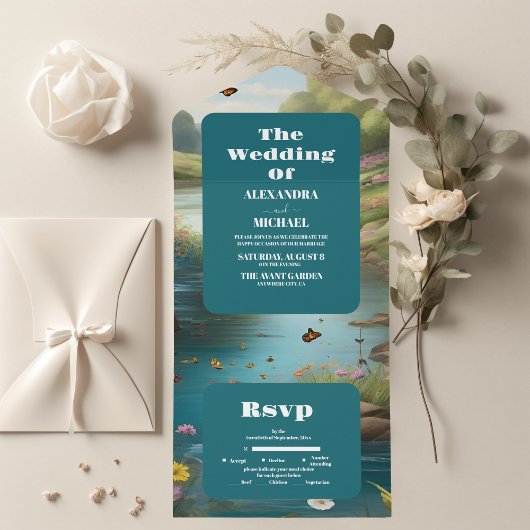 Waterverf Floral Spring Mountains Wedding All In One Uitnodiging