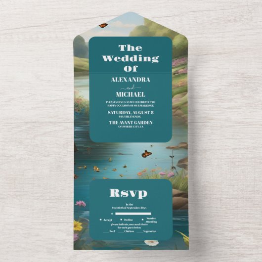 Waterverf Floral Spring Mountains Wedding All In One Uitnodiging (Binnen)