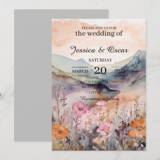 Waterverf Floral Spring Mountains Wedding Kaart (Voorkant / Achterkant)