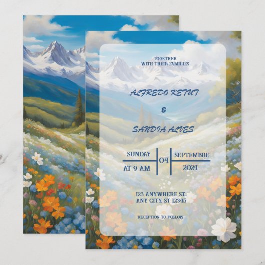Waterverf Floral Spring Mountains Wedding Kaart (Voorkant / Achterkant)