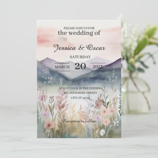 Waterverf Floral Spring Mountains Wedding Kaart (Staand voorkant)
