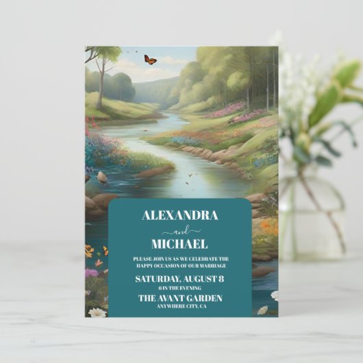 Waterverf Floral Spring Mountains Wedding Kaart (Staand voorkant)