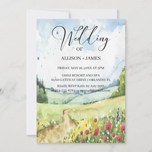 Waterverf Floral Spring Mountains Wedding Kaart (Voorkant)
