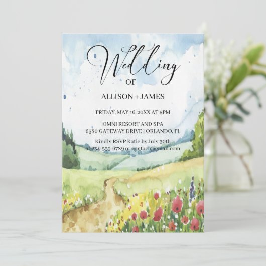 Waterverf Floral Spring Mountains Wedding Kaart (Staand voorkant)