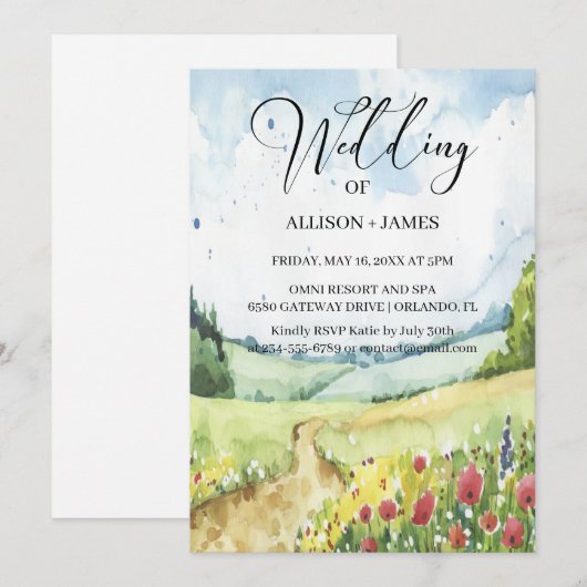 Waterverf Floral Spring Mountains Wedding Kaart (Voorkant / Achterkant)