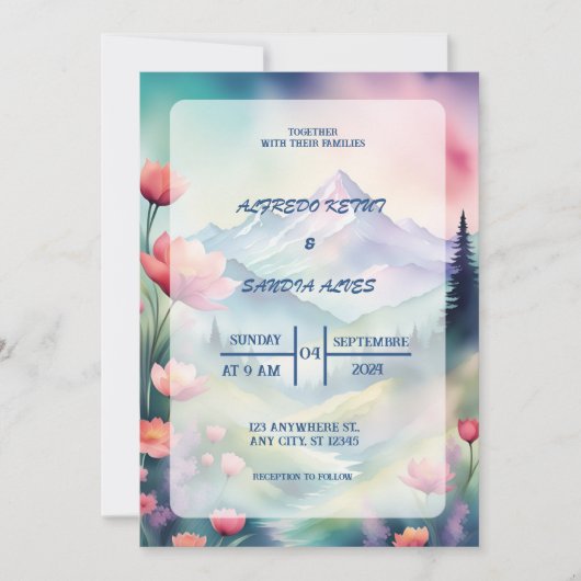 Waterverf Floral Spring Mountains Wedding Kaart (Voorkant)