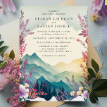 Waterverf Floral Spring Mountains Wedding Kaart<br><div class="desc">Deze prachtige Waterverf Floral Spring Mountains Wedding Invitation kenmerkt een verbluffend landschap van rolheuvels en majestueuze bergen op afstand, allemaal gesmolten in delicate pasteltinten. De uitnodiging is voorzien van een grote serie handbeschilderde florale bloemen, in tinten zacht roze, lila en perzikkleurig. De bloemen zijn artful geschikt rond de randen van...</div>