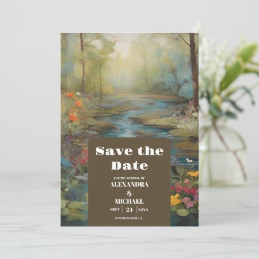 Waterverf Floral Spring Mountains Wedding Save The Date (Staand voorkant)