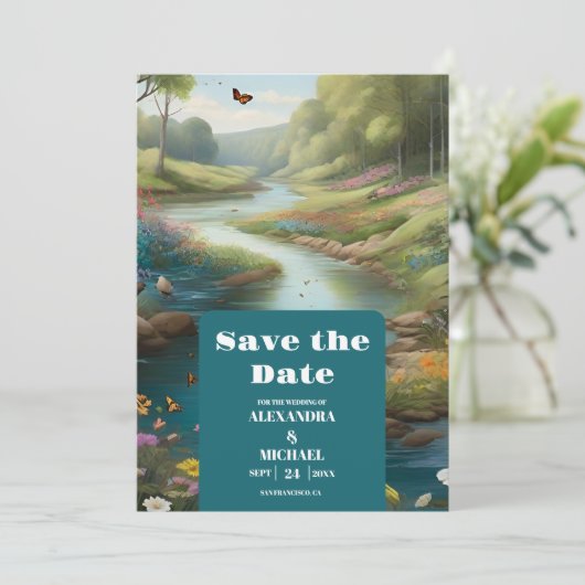 Waterverf Floral Spring Mountains Wedding Save The Date (Staand voorkant)