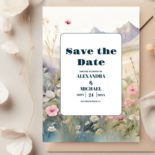 Waterverf Floral Spring Mountains Wedding Save The Date