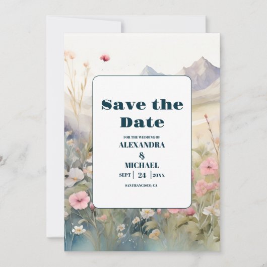 Waterverf Floral Spring Mountains Wedding Save The Date (Voorkant)