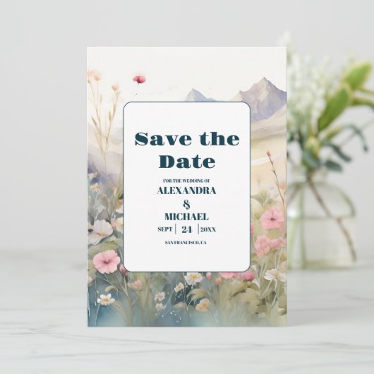 Waterverf Floral Spring Mountains Wedding Save The Date (Staand voorkant)